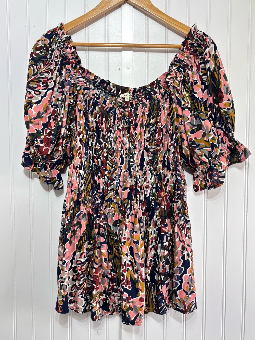 Jodifl Abstract Floral Smocked Off the Shoulder Blouse Puff Sleeve Boho Size L